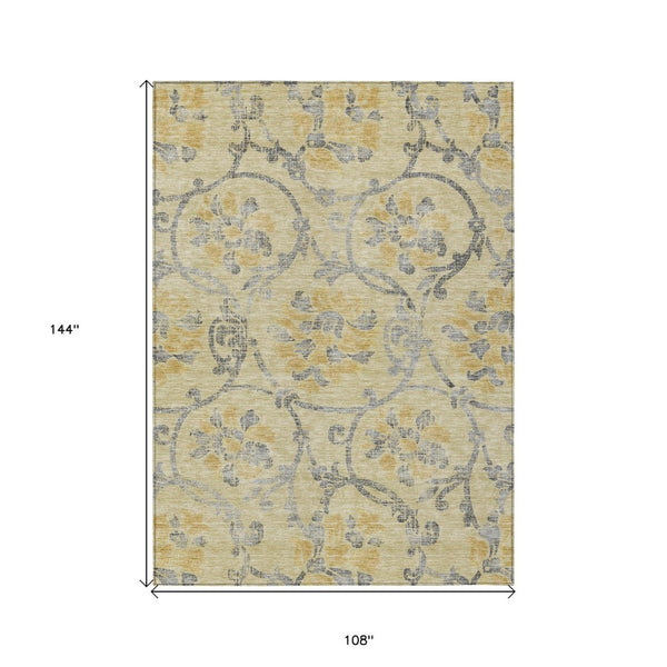 HomeRoots 9' Elegant Gold Gray Charcoal Floral Area Rug - Durable, Washable for Indoor & Outdoor Spaces 9' X 12' 585632