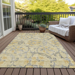 HomeRoots 9' Elegant Gold Gray Charcoal Floral Area Rug - Durable, Washable for Indoor & Outdoor Spaces 9' X 12' 585632