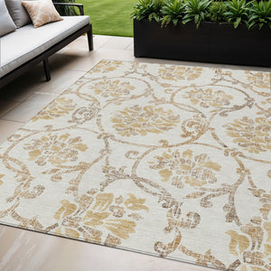 HomeRoots 5' Elegant Ivory and Gold Floral Area Rug - Durable, Washable Design for Indoor and Outdoor Use 5' X 8' 585641