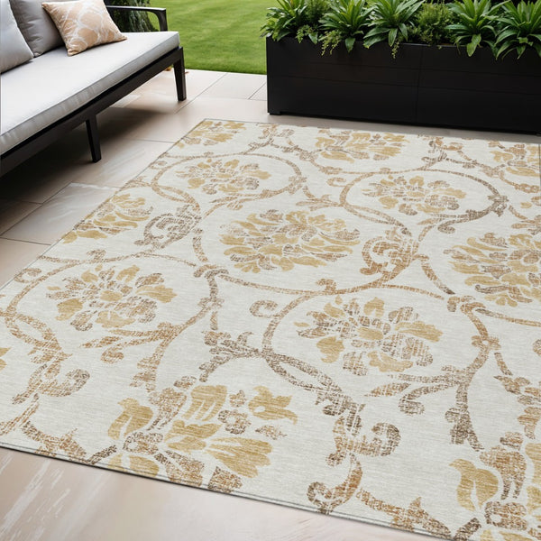 HomeRoots 5' Elegant Ivory and Gold Floral Area Rug - Durable, Washable Design for Indoor and Outdoor Use 5' X 8' 585641