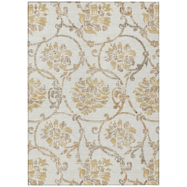 HomeRoots 5' Elegant Ivory and Gold Floral Area Rug - Durable, Washable Design for Indoor and Outdoor Use 5' X 8' 585641