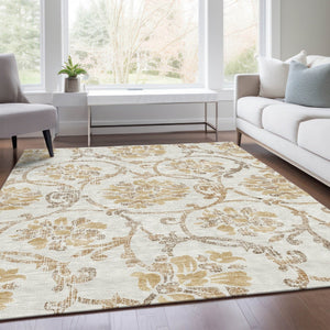 HomeRoots 5' Elegant Ivory and Gold Floral Area Rug - Durable, Washable Design for Indoor and Outdoor Use 5' X 8' 585641