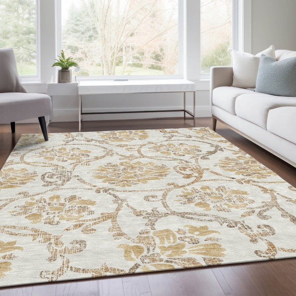 HomeRoots 5' Elegant Ivory and Gold Floral Area Rug - Durable, Washable Design for Indoor and Outdoor Use 5' X 8' 585641