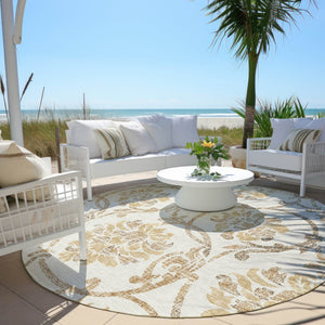HomeRoots 5' Elegant Ivory and Gold Floral Area Rug - Durable, Washable Design for Indoor and Outdoor Use 8' Round 585642