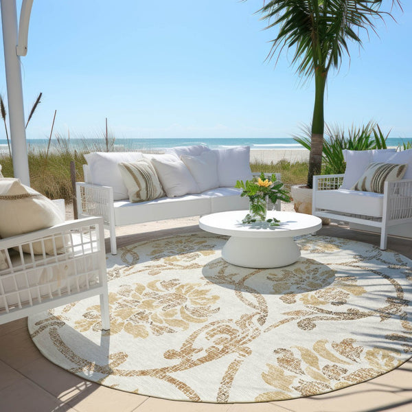 HomeRoots 5' Elegant Ivory and Gold Floral Area Rug - Durable, Washable Design for Indoor and Outdoor Use 8' Round 585642