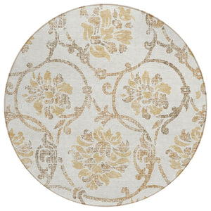 HomeRoots 5' Elegant Ivory and Gold Floral Area Rug - Durable, Washable Design for Indoor and Outdoor Use 8' Round 585642