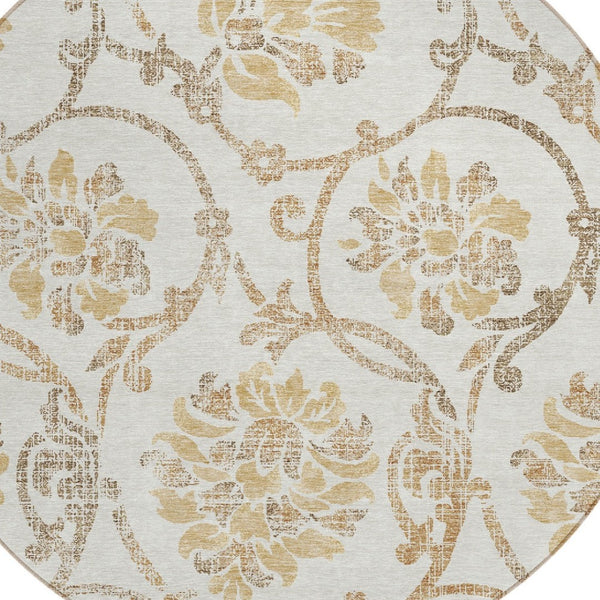 HomeRoots 5' Elegant Ivory and Gold Floral Area Rug - Durable, Washable Design for Indoor and Outdoor Use 8' Round 585642
