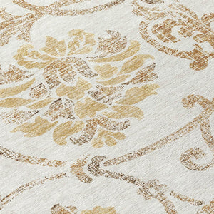 HomeRoots 5' Elegant Ivory and Gold Floral Area Rug - Durable, Washable Design for Indoor and Outdoor Use 8' Round 585642