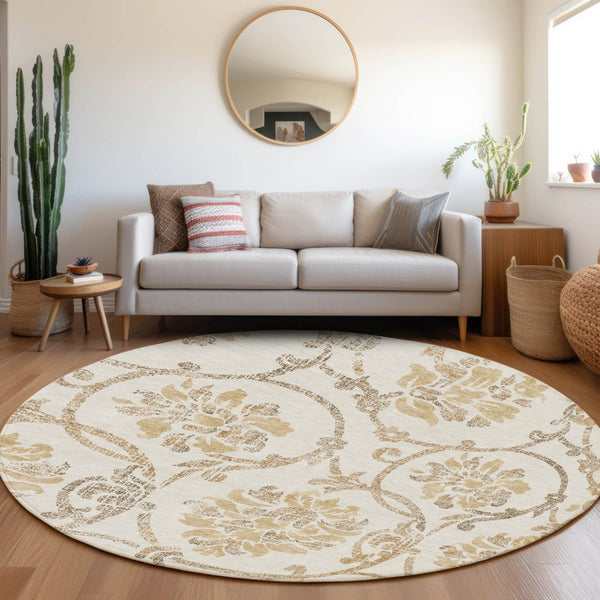 HomeRoots 5' Elegant Ivory and Gold Floral Area Rug - Durable, Washable Design for Indoor and Outdoor Use 8' Round 585642