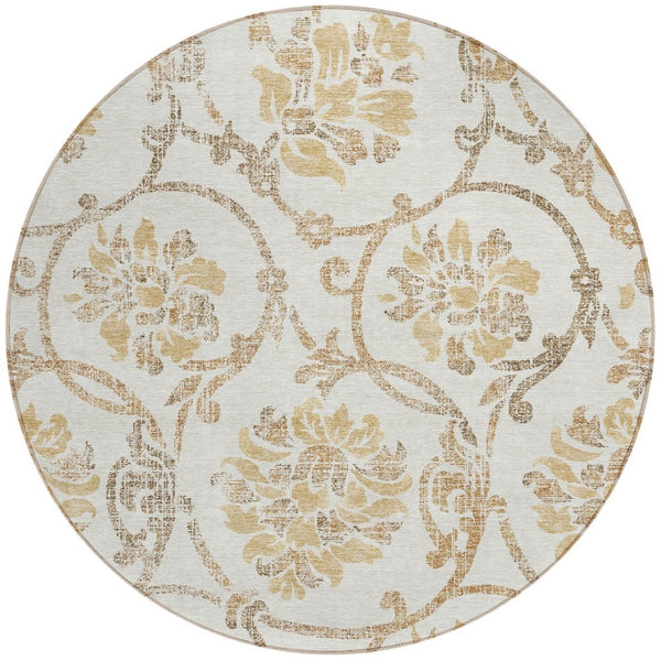 HomeRoots 5' Elegant Ivory and Gold Floral Area Rug - Durable, Washable Design for Indoor and Outdoor Use 8' Round 585642