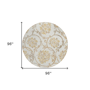 HomeRoots 5' Elegant Ivory and Gold Floral Area Rug - Durable, Washable Design for Indoor and Outdoor Use 8' Round 585642