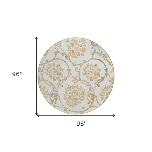 HomeRoots 5' Elegant Ivory and Gold Floral Area Rug - Durable, Washable Design for Indoor and Outdoor Use 8' Round 585642