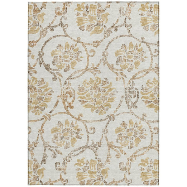 HomeRoots 5' Elegant Ivory and Gold Floral Area Rug - Durable, Washable Design for Indoor and Outdoor Use 8' X 10' 585643