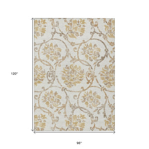 HomeRoots 5' Elegant Ivory and Gold Floral Area Rug - Durable, Washable Design for Indoor and Outdoor Use 8' X 10' 585643