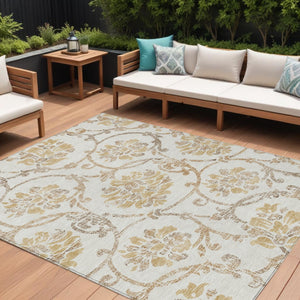 HomeRoots 5' Elegant Ivory and Gold Floral Area Rug - Durable, Washable Design for Indoor and Outdoor Use 8' X 10' 585643