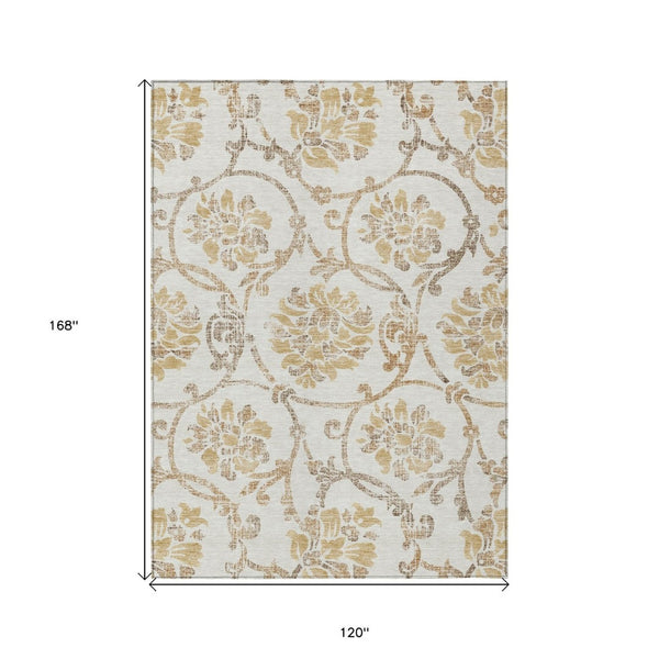 HomeRoots 5' Elegant Ivory and Gold Floral Area Rug - Durable, Washable Design for Indoor and Outdoor Use 10' X 14' 585645
