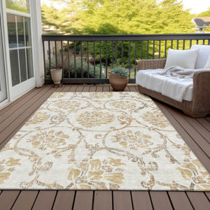 HomeRoots 5' Elegant Ivory and Gold Floral Area Rug - Durable, Washable Design for Indoor and Outdoor Use 10' X 14' 585645