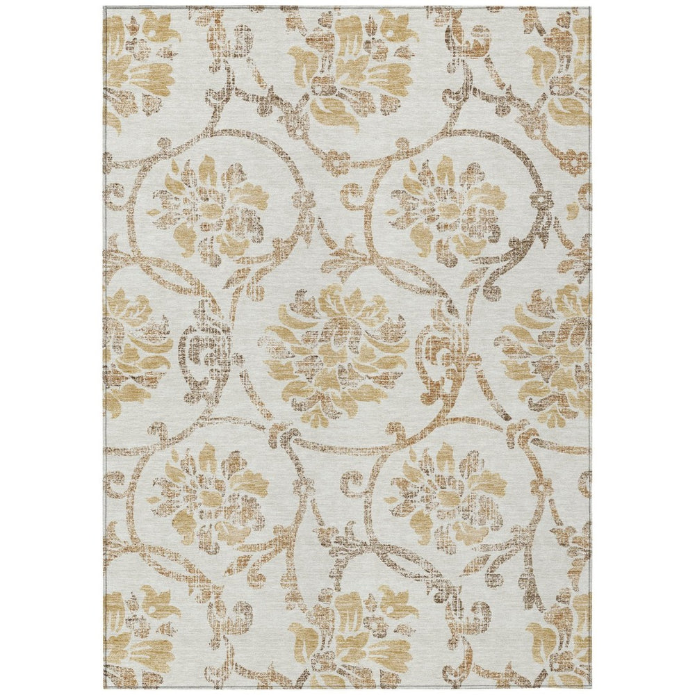 HomeRoots 5' Elegant Ivory and Gold Floral Area Rug - Durable, Washable Design for Indoor and Outdoor Use 10' X 14' 585645
