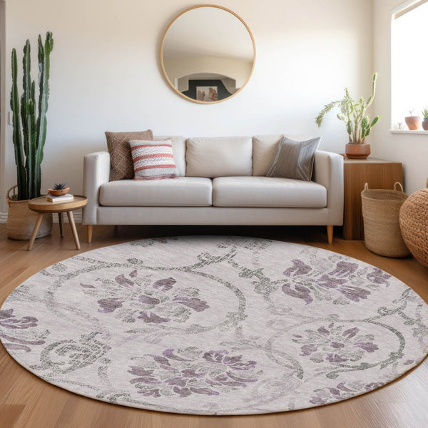 HomeRoots 5' Elegant Lavender Floral Area Rug – Durable, Washable Design for Indoor & Outdoor Spaces 8' Round 585648