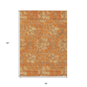 HomeRoots 5' Vibrant Orange Gray Beige Floral Area Rug - Washable, Durable Design for Indoor & Outdoor Use 5' X 8' 585653