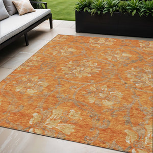 HomeRoots 5' Vibrant Orange Gray Beige Floral Area Rug - Washable, Durable Design for Indoor & Outdoor Use 5' X 8' 585653