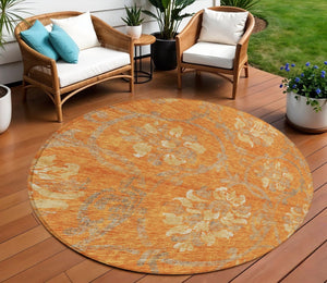 HomeRoots 5' Vibrant Orange Gray Beige Floral Area Rug - Washable, Durable Design for Indoor & Outdoor Use 8' Round 585654