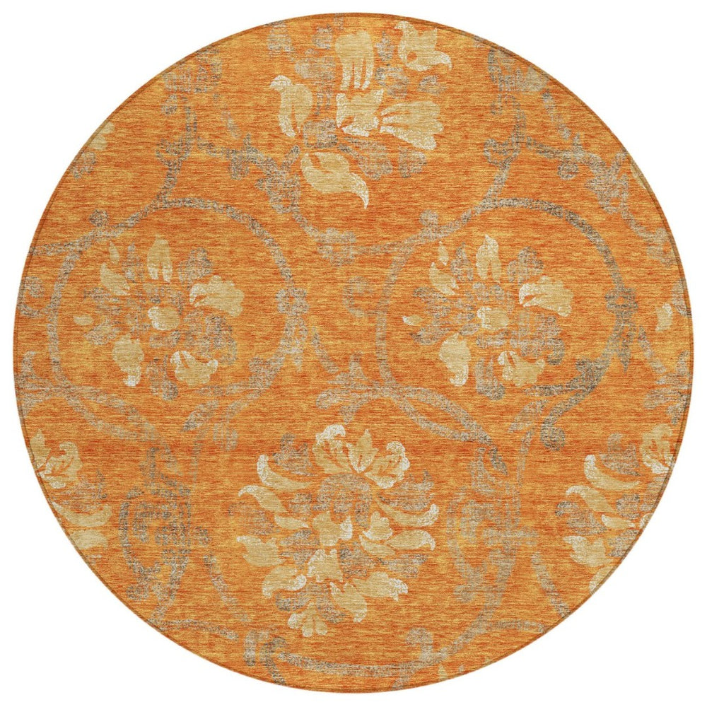 HomeRoots 5' Vibrant Orange Gray Beige Floral Area Rug - Washable, Durable Design for Indoor & Outdoor Use 8' Round 585654