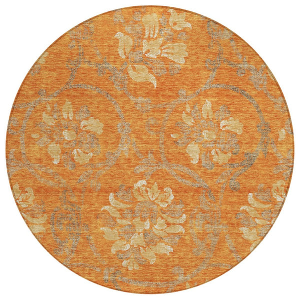 HomeRoots 5' Vibrant Orange Gray Beige Floral Area Rug - Washable, Durable Design for Indoor & Outdoor Use 8' Round 585654