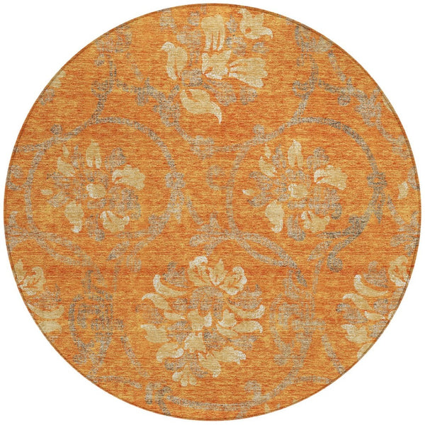 HomeRoots 5' Vibrant Orange Gray Beige Floral Area Rug - Washable, Durable Design for Indoor & Outdoor Use 8' Round 585654