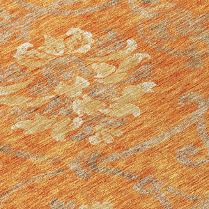 HomeRoots 5' Vibrant Orange Gray Beige Floral Area Rug - Washable, Durable Design for Indoor & Outdoor Use 8' Round 585654