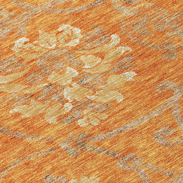 HomeRoots 5' Vibrant Orange Gray Beige Floral Area Rug - Washable, Durable Design for Indoor & Outdoor Use 8' Round 585654