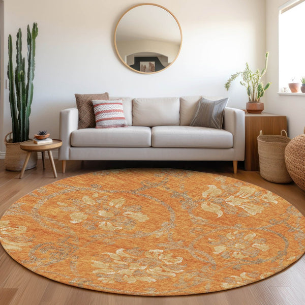 HomeRoots 5' Vibrant Orange Gray Beige Floral Area Rug - Washable, Durable Design for Indoor & Outdoor Use 8' Round 585654
