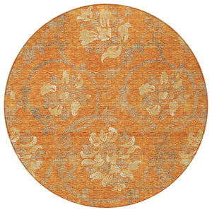 HomeRoots 5' Vibrant Orange Gray Beige Floral Area Rug - Washable, Durable Design for Indoor & Outdoor Use 8' Round 585654