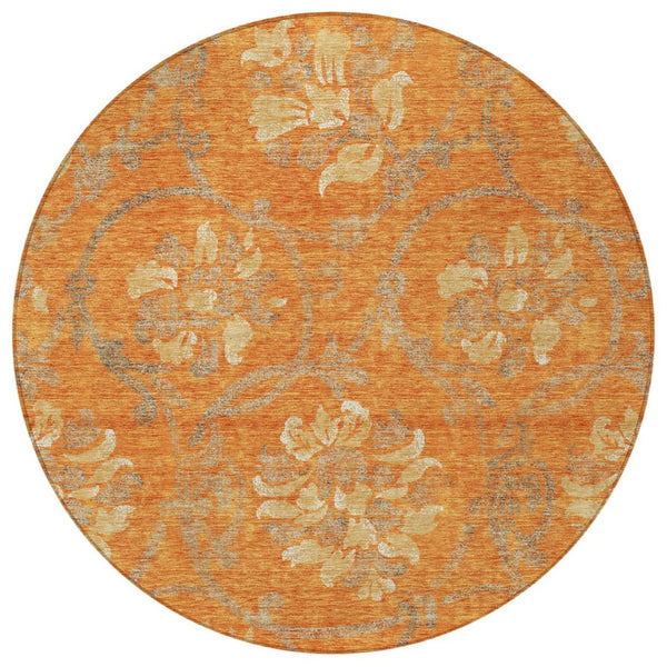 HomeRoots 5' Vibrant Orange Gray Beige Floral Area Rug - Washable, Durable Design for Indoor & Outdoor Use 8' Round 585654