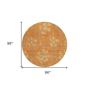 HomeRoots 5' Vibrant Orange Gray Beige Floral Area Rug - Washable, Durable Design for Indoor & Outdoor Use 8' Round 585654