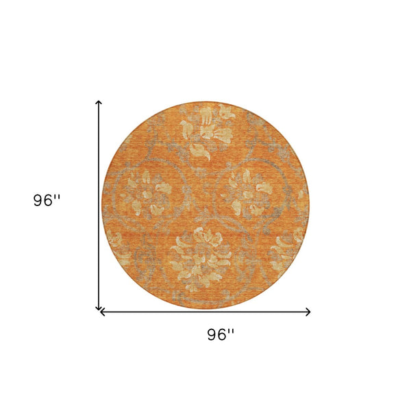 HomeRoots 5' Vibrant Orange Gray Beige Floral Area Rug - Washable, Durable Design for Indoor & Outdoor Use 8' Round 585654