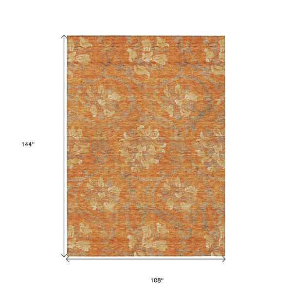 HomeRoots 9' Floral Washable Area Rug in Orange, Gray & Beige - Durable Indoor/Outdoor Decor for Any Space 9' X 12' 585656