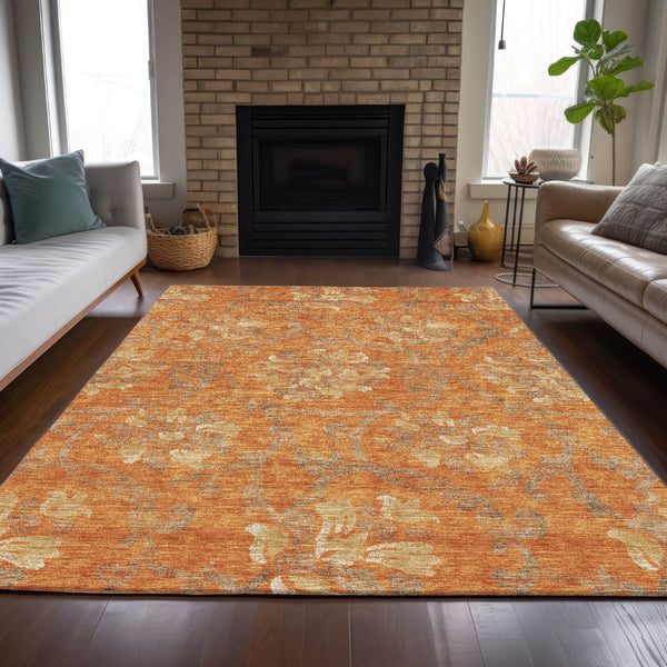 HomeRoots 9' Floral Washable Area Rug in Orange, Gray & Beige - Durable Indoor/Outdoor Decor for Any Space 9' X 12' 585656