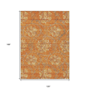 HomeRoots 5' Vibrant Orange Gray Beige Floral Area Rug - Washable, Durable Design for Indoor & Outdoor Use 10' X 14' 585657