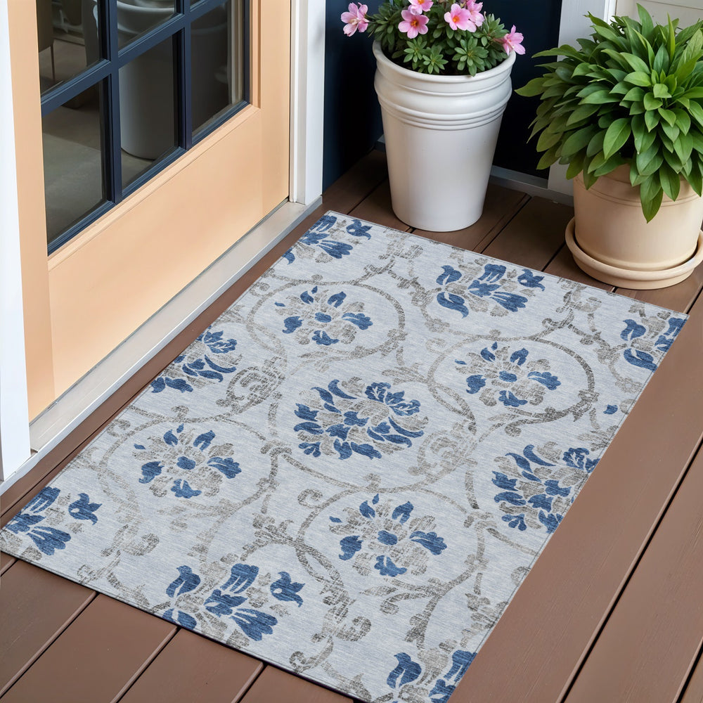 Homeroots 3' Beige Tan And Blue Floral Washable Area Rug - Versatile Indoor-outdoor Decor For Any Space 3' X 5' Polyester 585658