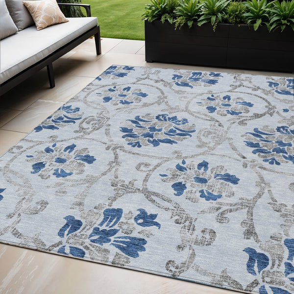 HomeRoots 5' Sky Blue and Gray Floral Area Rug - Durable, Washable Design for Indoor and Outdoor Spaces 5' X 8' 585659