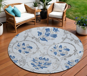 HomeRoots 5' Sky Blue and Gray Floral Area Rug - Durable, Washable Design for Indoor and Outdoor Spaces 8' Round 585660