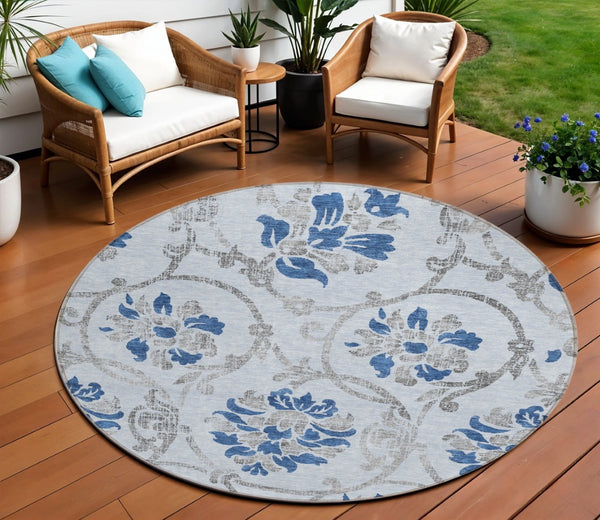 HomeRoots 5' Sky Blue and Gray Floral Area Rug - Durable, Washable Design for Indoor and Outdoor Spaces 8' Round 585660