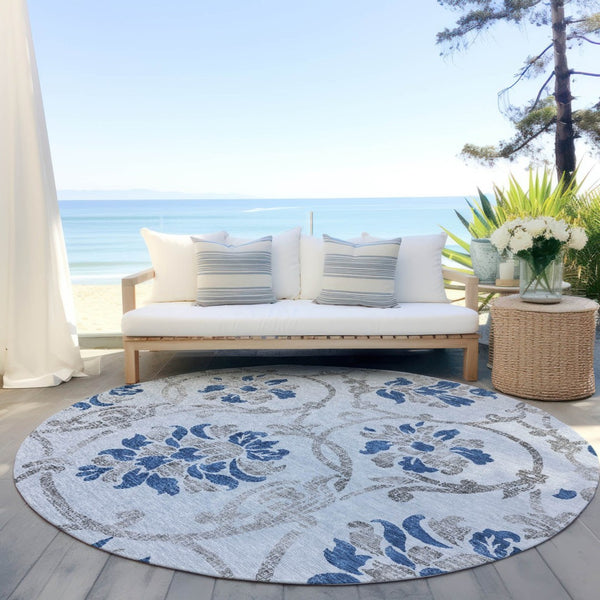 HomeRoots 5' Sky Blue and Gray Floral Area Rug - Durable, Washable Design for Indoor and Outdoor Spaces 8' Round 585660