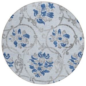 HomeRoots 5' Sky Blue and Gray Floral Area Rug - Durable, Washable Design for Indoor and Outdoor Spaces 8' Round 585660