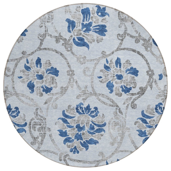 HomeRoots 5' Sky Blue and Gray Floral Area Rug - Durable, Washable Design for Indoor and Outdoor Spaces 8' Round 585660