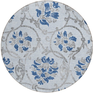 HomeRoots 5' Sky Blue and Gray Floral Area Rug - Durable, Washable Design for Indoor and Outdoor Spaces 8' Round 585660