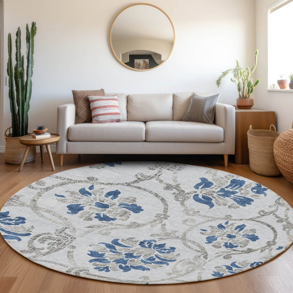 HomeRoots 5' Sky Blue and Gray Floral Area Rug - Durable, Washable Design for Indoor and Outdoor Spaces 8' Round 585660