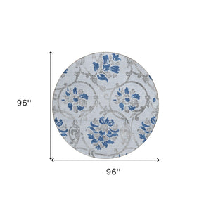 HomeRoots 5' Sky Blue and Gray Floral Area Rug - Durable, Washable Design for Indoor and Outdoor Spaces 8' Round 585660