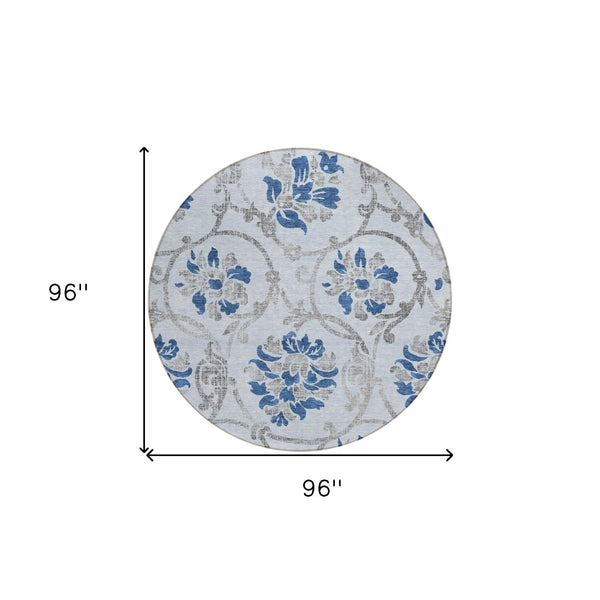 HomeRoots 5' Sky Blue and Gray Floral Area Rug - Durable, Washable Design for Indoor and Outdoor Spaces 8' Round 585660